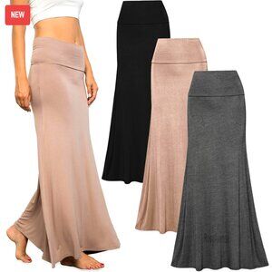 3 Pack Stretchy Rayon Maxi Skirts High Waisted Fold Over Work Casual